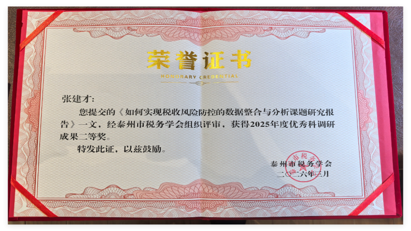 泰州市陽光會計服務(wù)有限公司張建才同志榮獲泰州市稅務(wù)學(xué)會 2025 年度優(yōu)秀科研成果二等獎